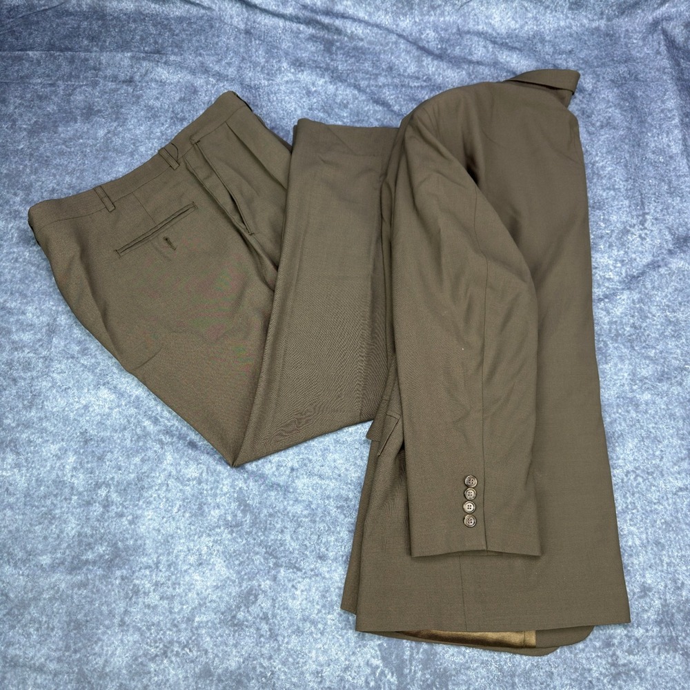 Haggar Black Label Mens 44R Suit 3-Button Blazer Pleated Pants Olive Brown Wool